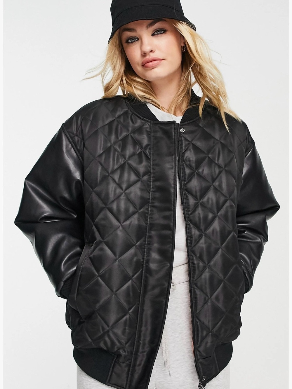 ASOS Black Quilted Bomber Jacket with Faux Leather Sleeves